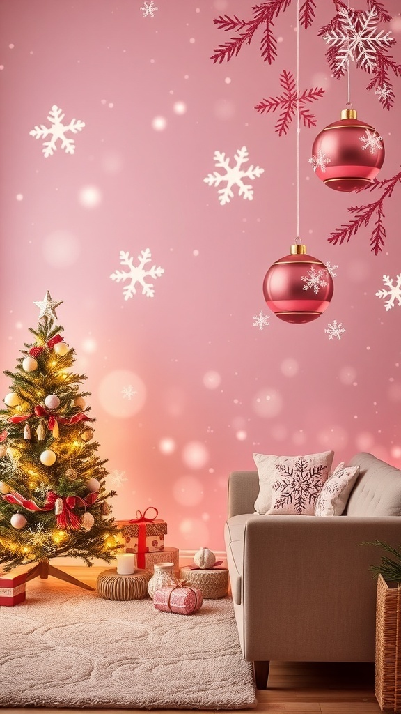 Rosa Christmas wallpaper with snowflakes and ornaments in a cozy living room.